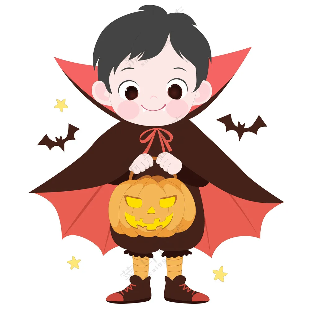 万圣节穿吸血鬼服装拿南瓜灯可爱男孩卡通插画