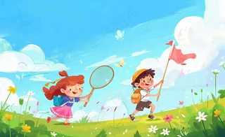 草坪扑蝴蝶的孩子们儿童节卡通插画背景