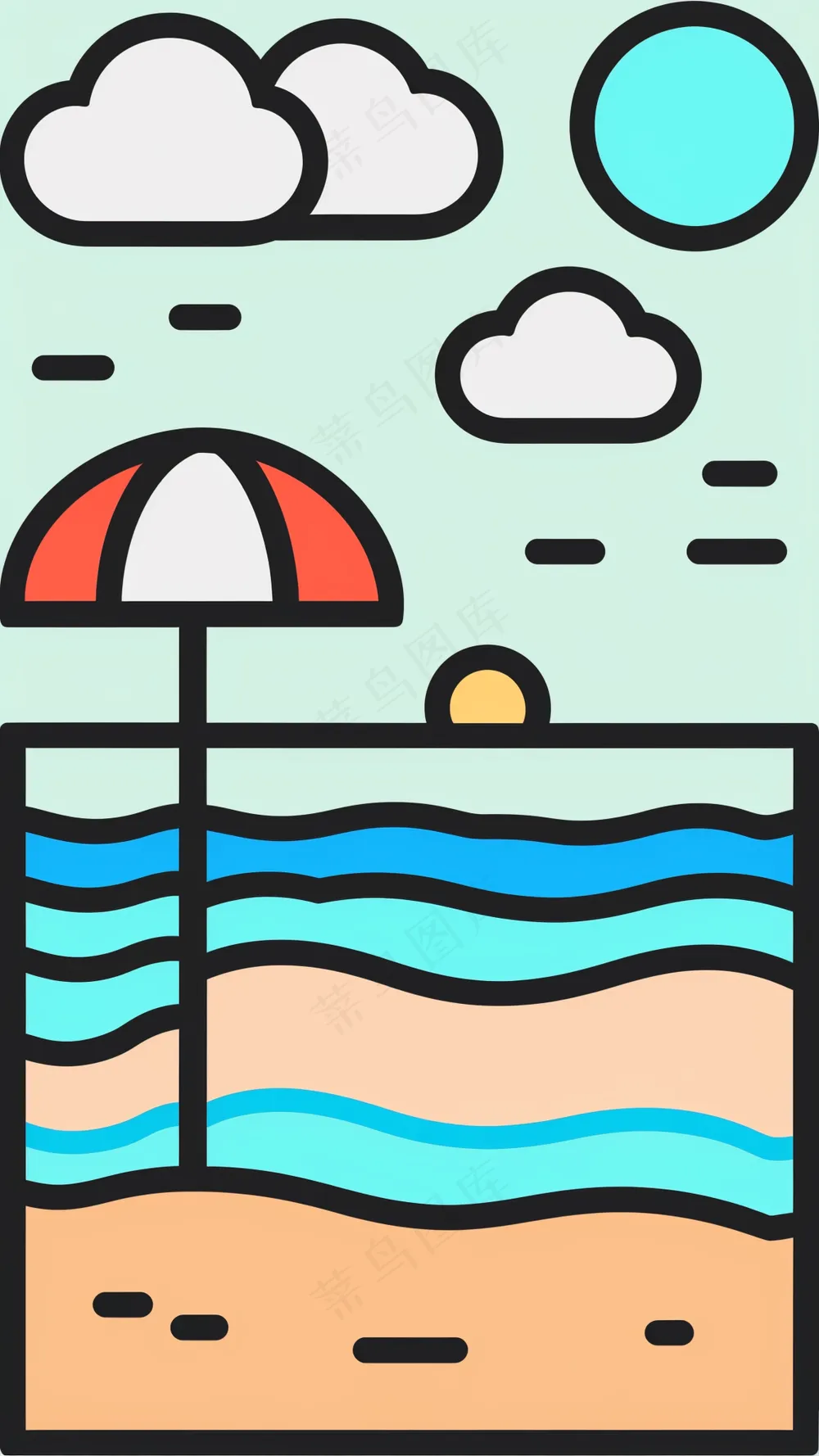 夏日海滩度假 抽象粗线条简笔风景画