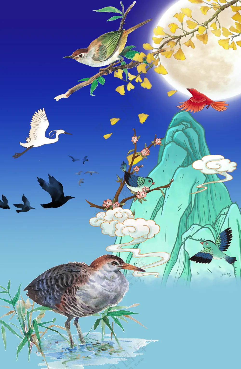 中国风花鸟画银杏飞鸟山水图