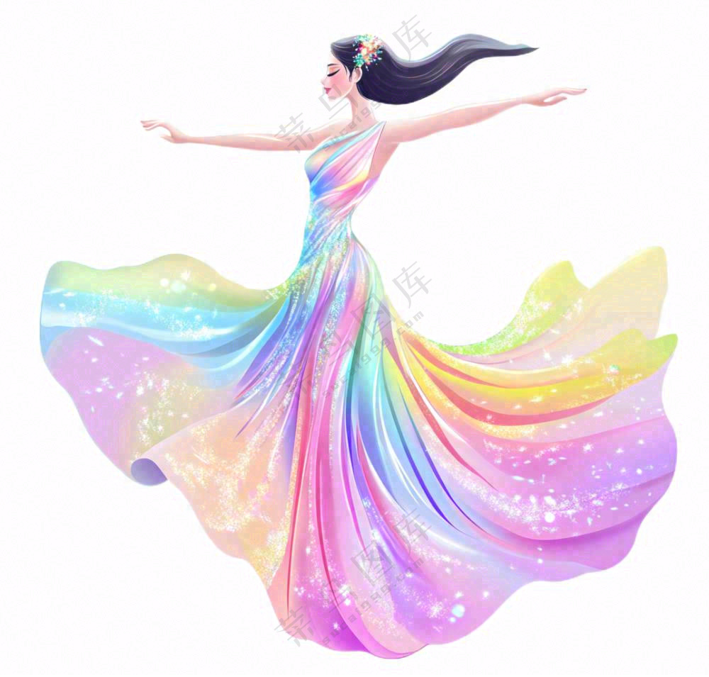 彩色裙子跳舞的少女美丽卡通插画免抠