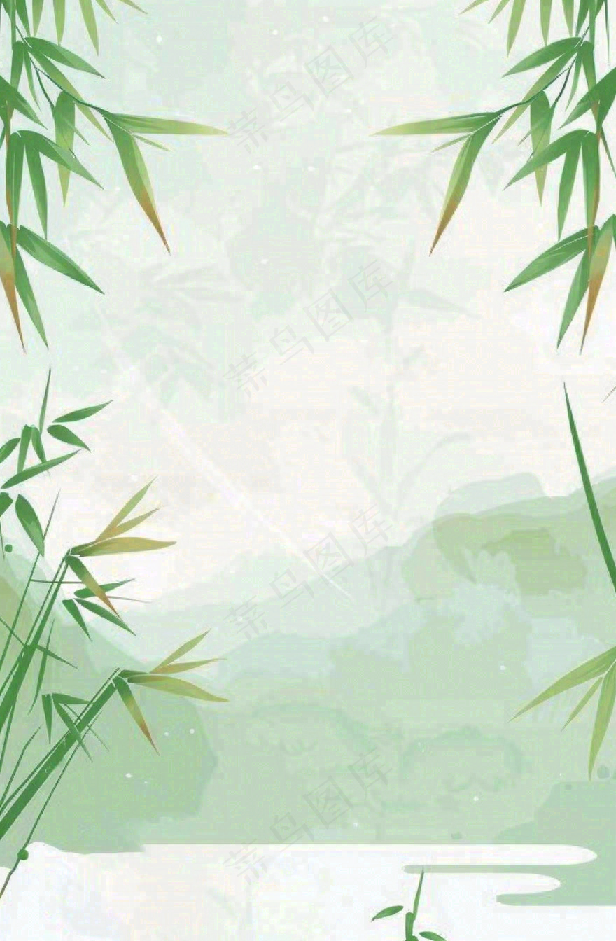中国风插画山水竹叶青色插画清新淡雅端午节插画背景