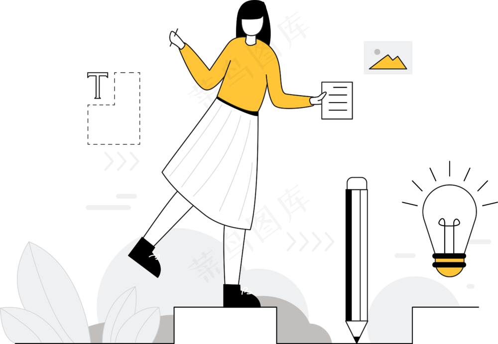 女生获得灵感想法 灯泡 黄色扁平商务插画