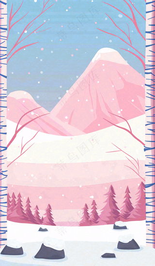 冬季白雪里森林的晚霞夕阳卡通插画小寒大寒立冬背景