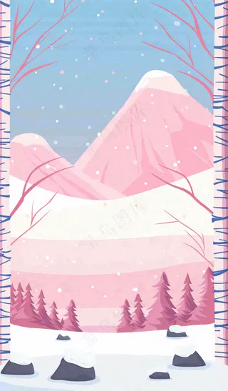 冬季白雪里森林的晚霞夕阳卡通插画小寒大寒立冬背景