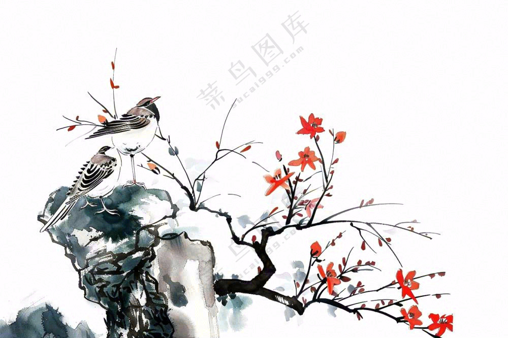 水墨画崖壁上的梅花小鸟古典风山水插画免抠