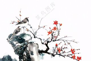 水墨画崖壁上的梅花小鸟古典风山水插画免抠