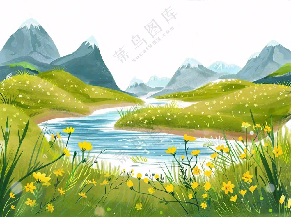 自然风景高原苔原湖泊新疆卡通插画免抠