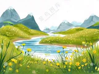 自然风景高原苔原湖泊新疆卡通插画免抠