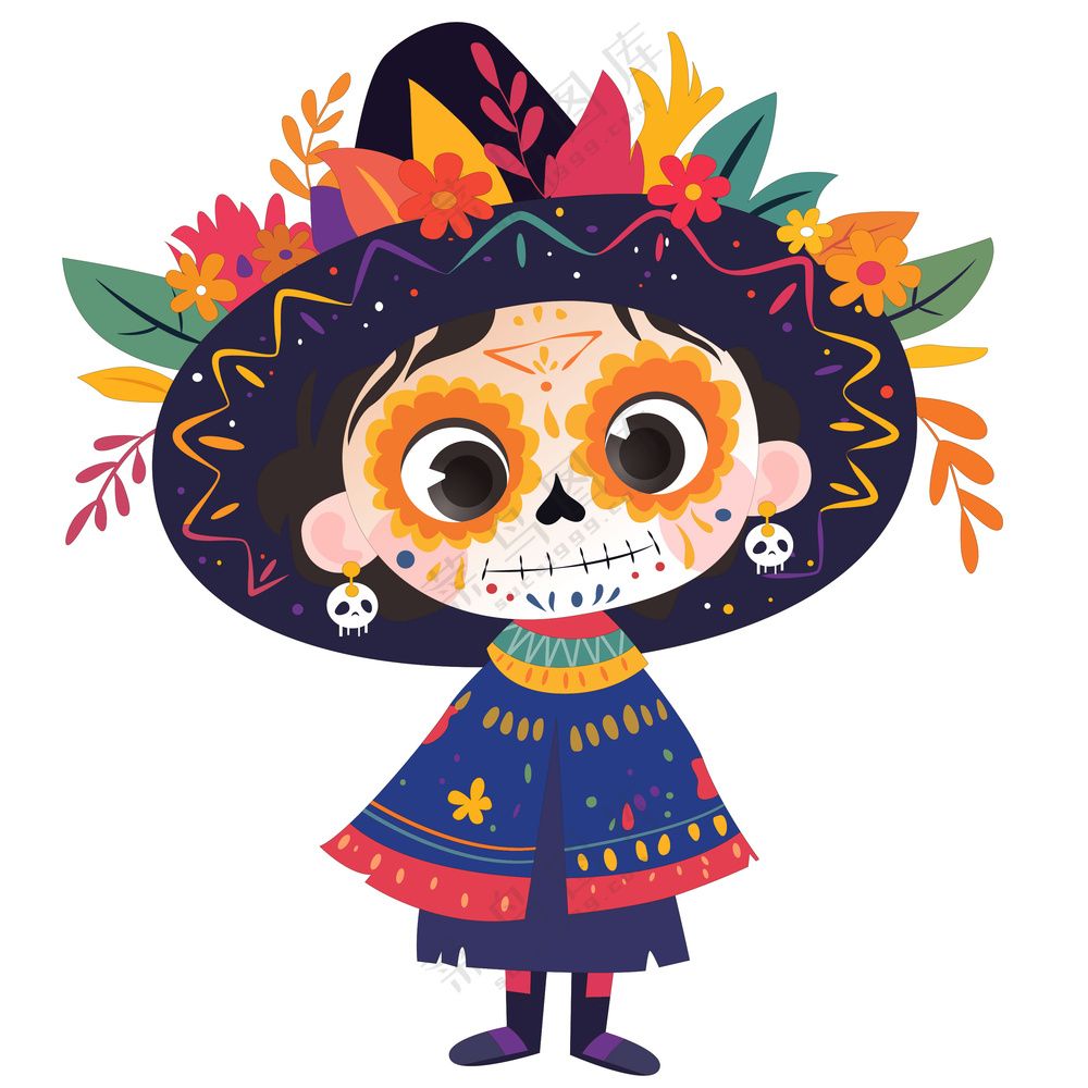 万圣节墨西哥骷髅头装扮可爱女孩儿童节日装扮卡通插画