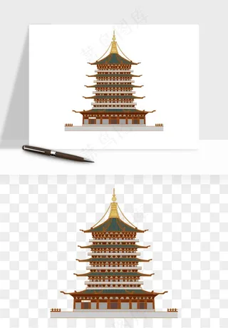 国潮高塔古塔楼建筑png免抠