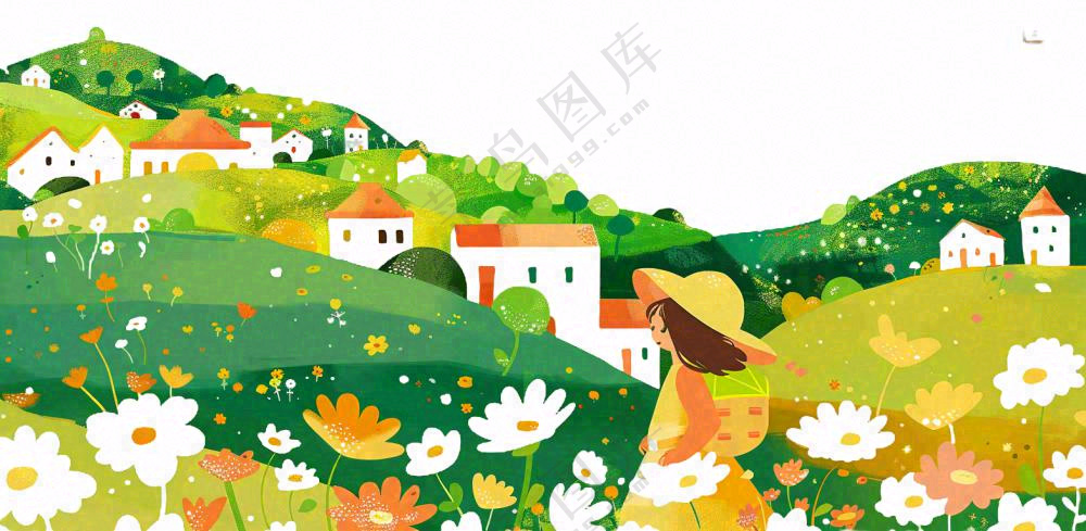 田园山川村庄绿色卡通插画免抠