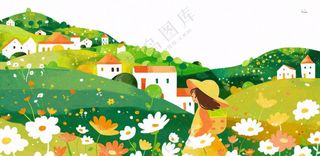田园山川村庄绿色卡通插画免抠
