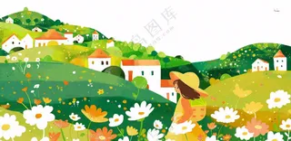 田园山川村庄绿色卡通插画免抠