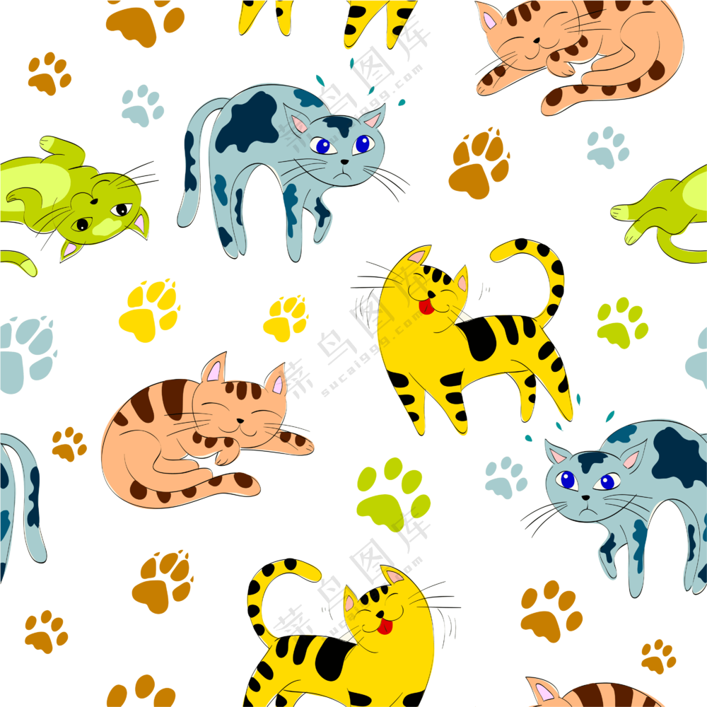 卡通猫爪印与猫咪无缝图案免抠素材