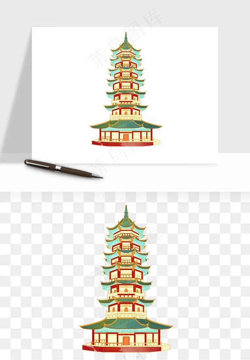 国潮高塔古塔楼建筑png免抠