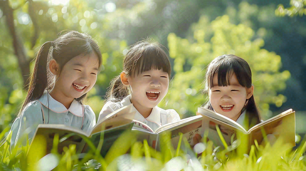 公园草坪看书阅读的学生孩子们知识兴趣世界读书日摄影图