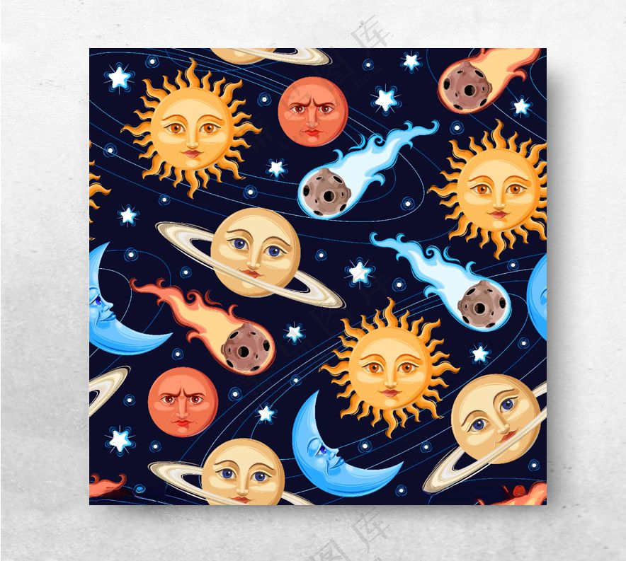 手绘宇宙太阳月亮印花手绘