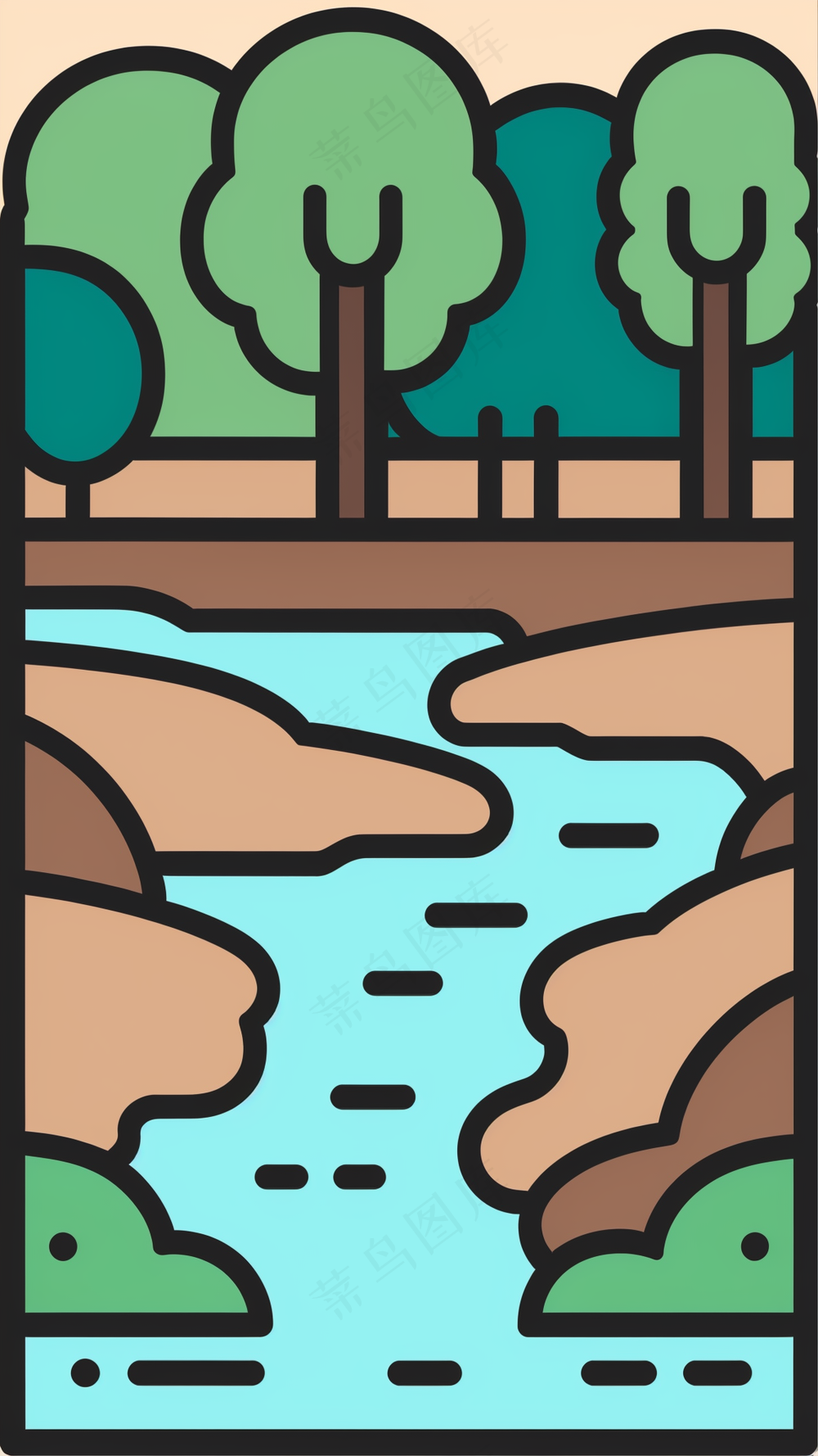 湖泊溪流树林 抽象粗线条简笔风景画