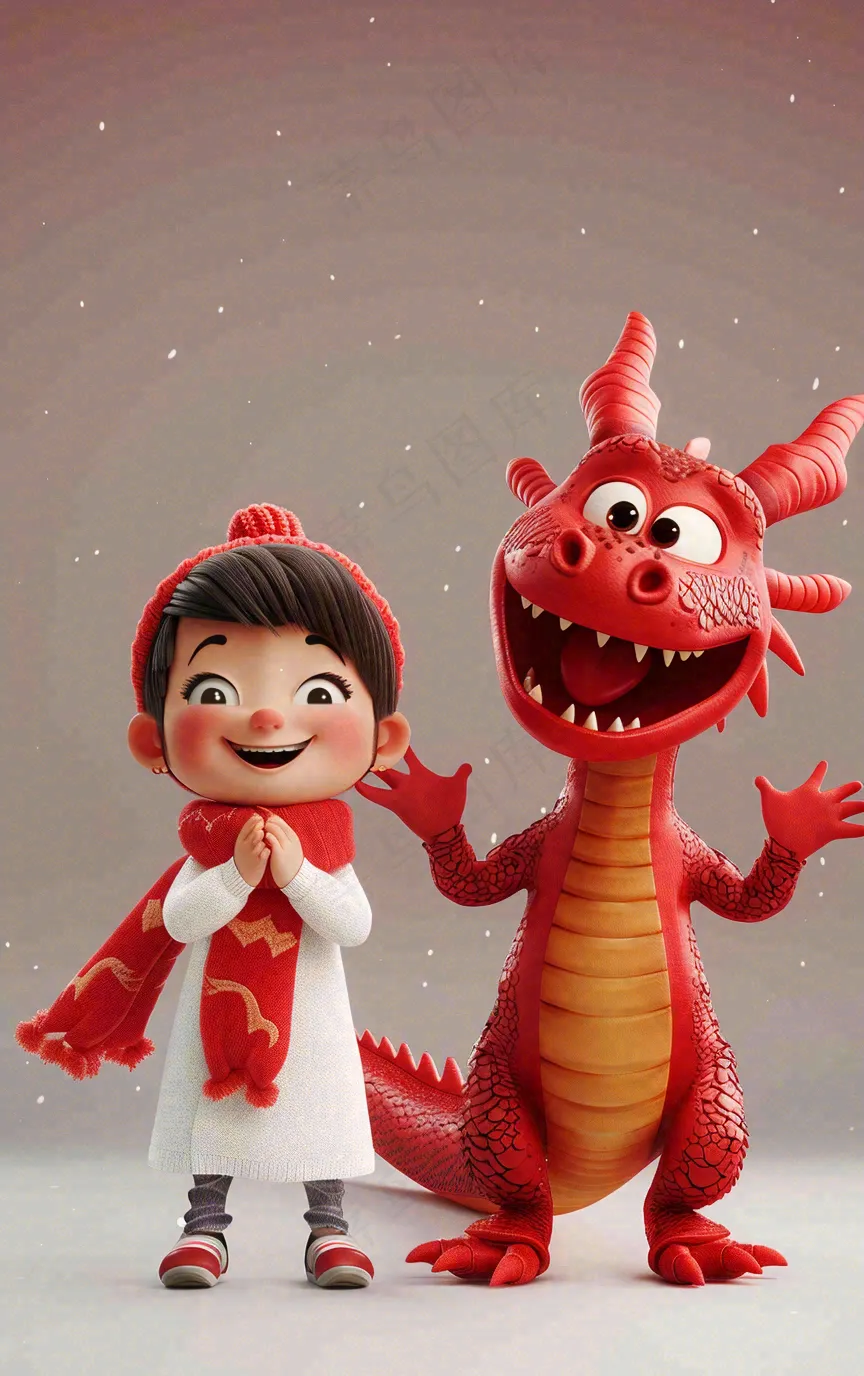 新春节日龙年儿童庆祝喜庆红色小年新年卡通插画背景