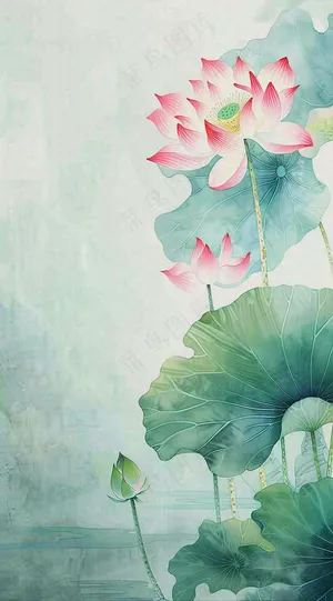夏天荷花荷叶清凉小清新淡雅小暑大暑处暑插画背景
