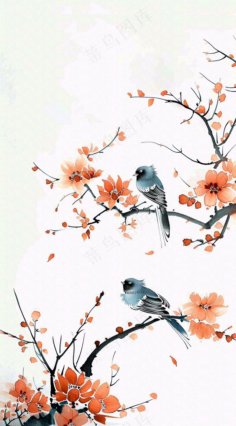 秋天凄冷树枝鸟儿花国风插画立秋白露寒露秋分背景
