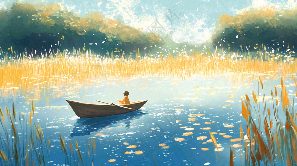 秋天湖面泛舟的人落叶芦苇寒露白露插画背景