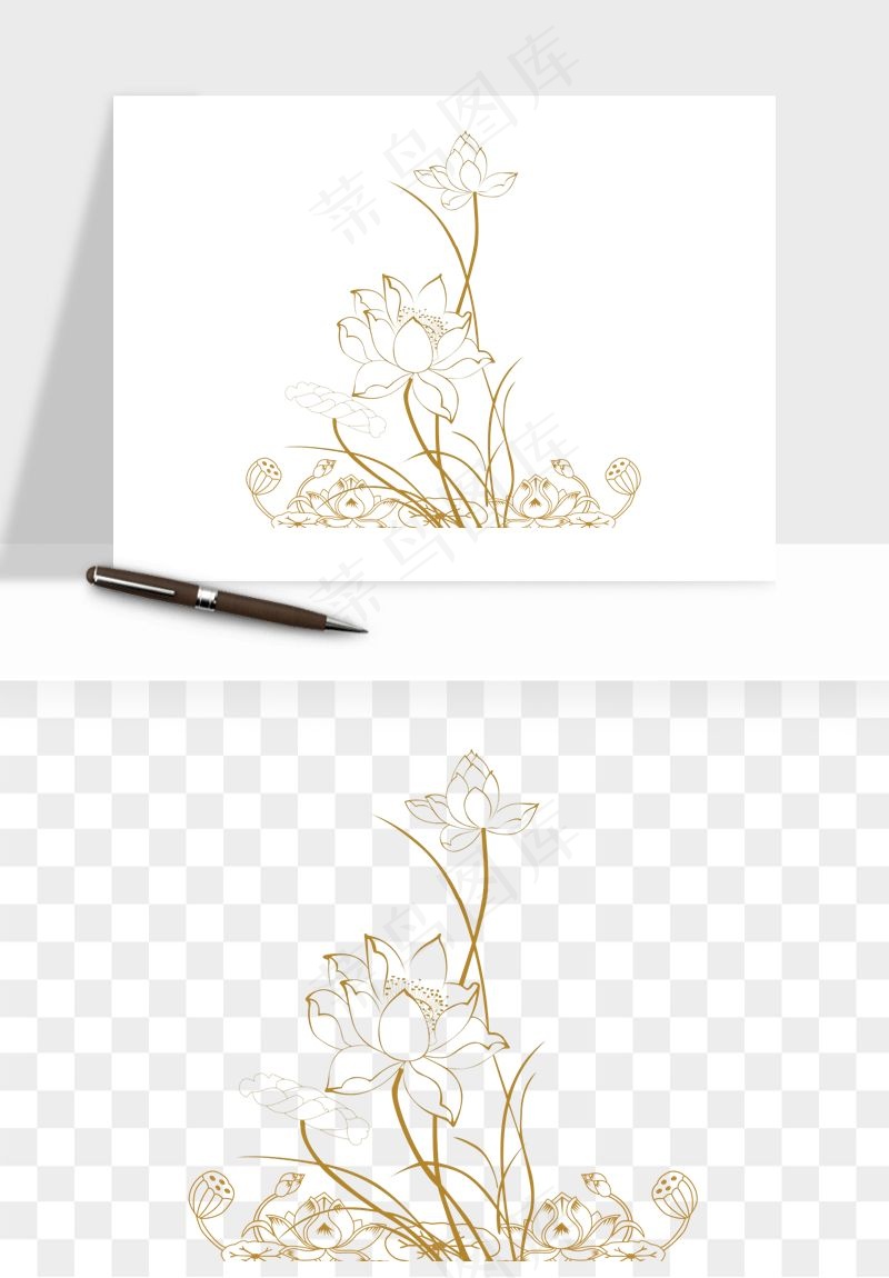 线描荷花莲花线条png免抠
