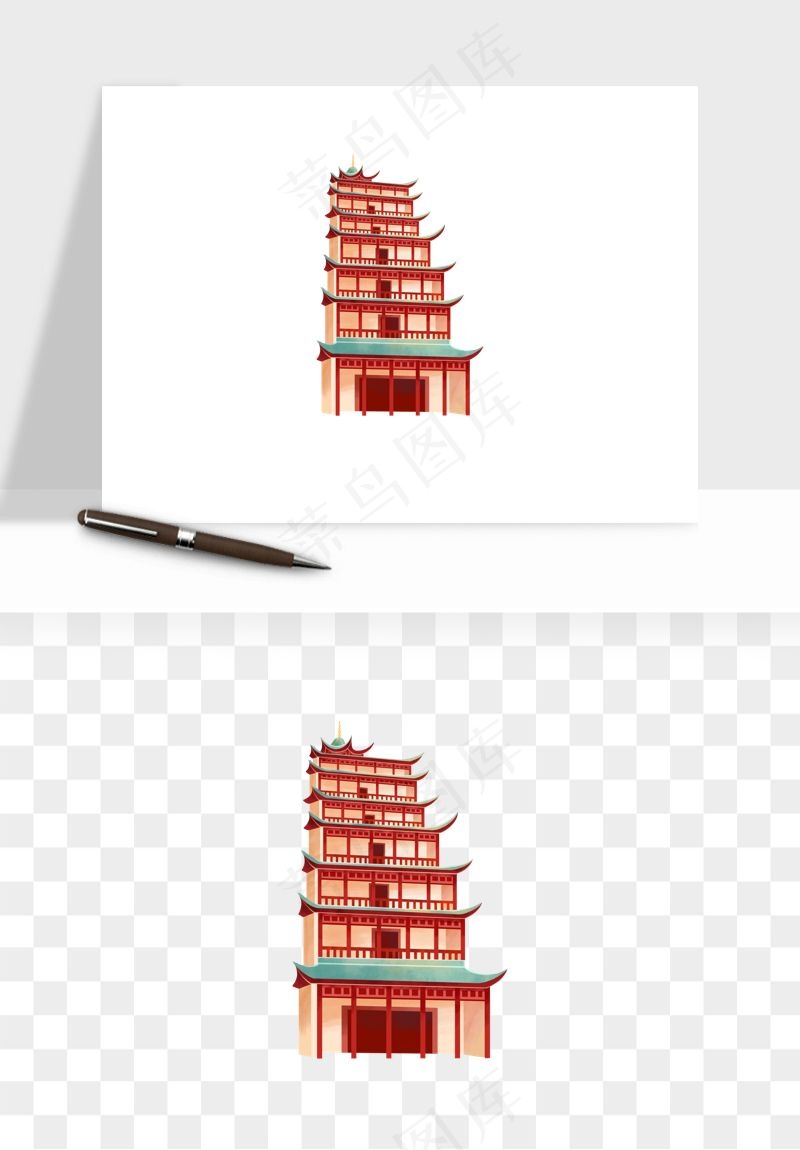 国潮高塔古塔楼建筑png免抠