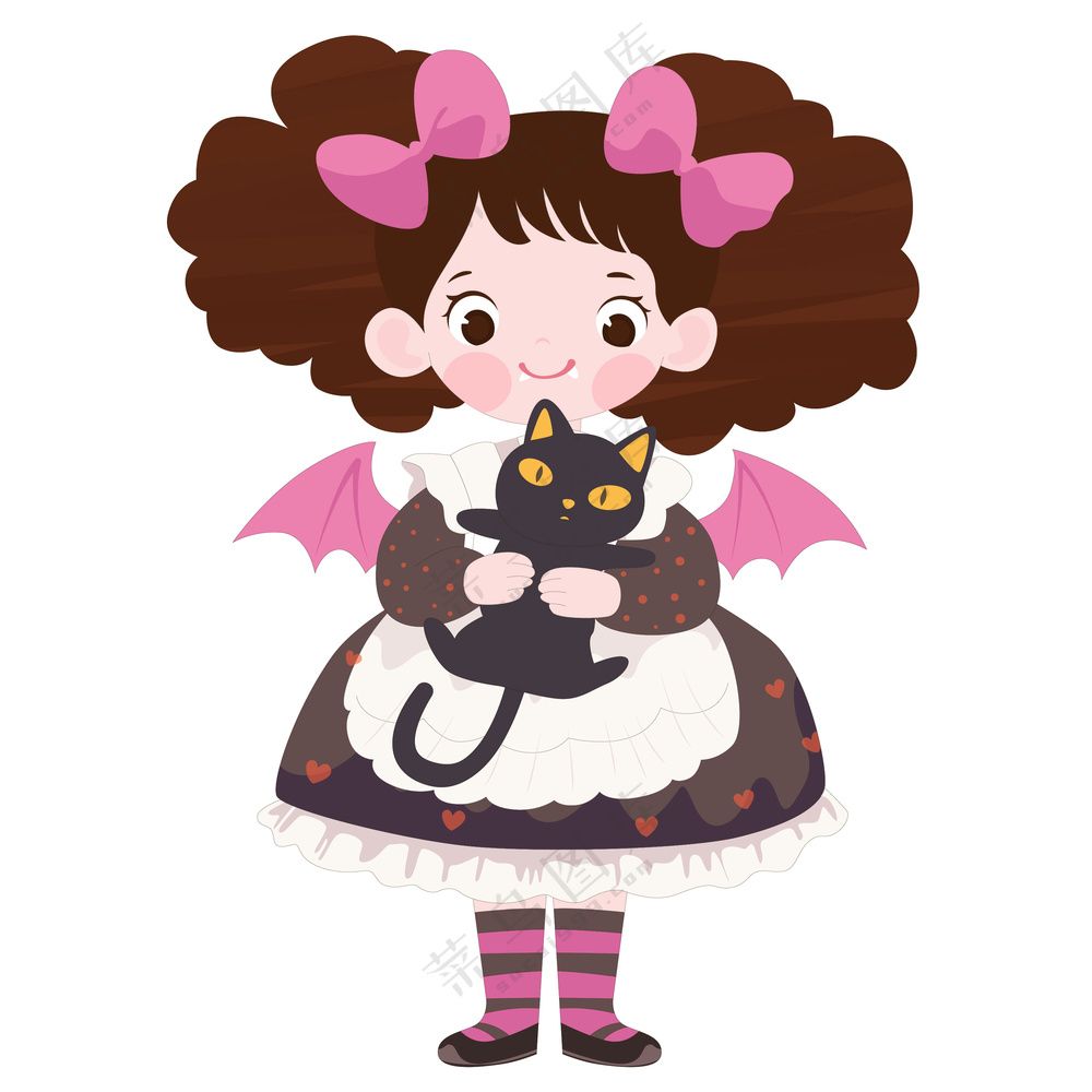 万圣节小魔女服装抱黑猫可爱女孩儿童节日装扮卡通插画