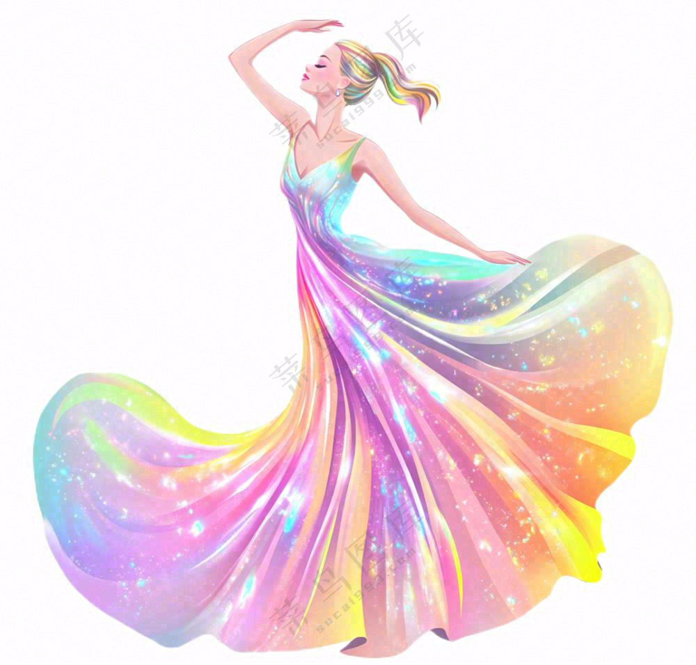 彩色裙子跳舞的少女美丽卡通插画免抠