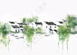 江南水乡水墨画村落柳树插画免抠