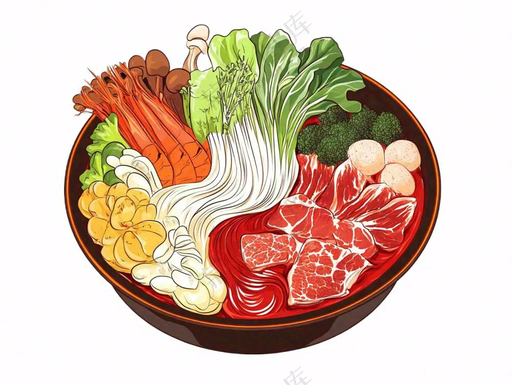 麻辣烫火锅海鲜肉类时蔬插画免抠
