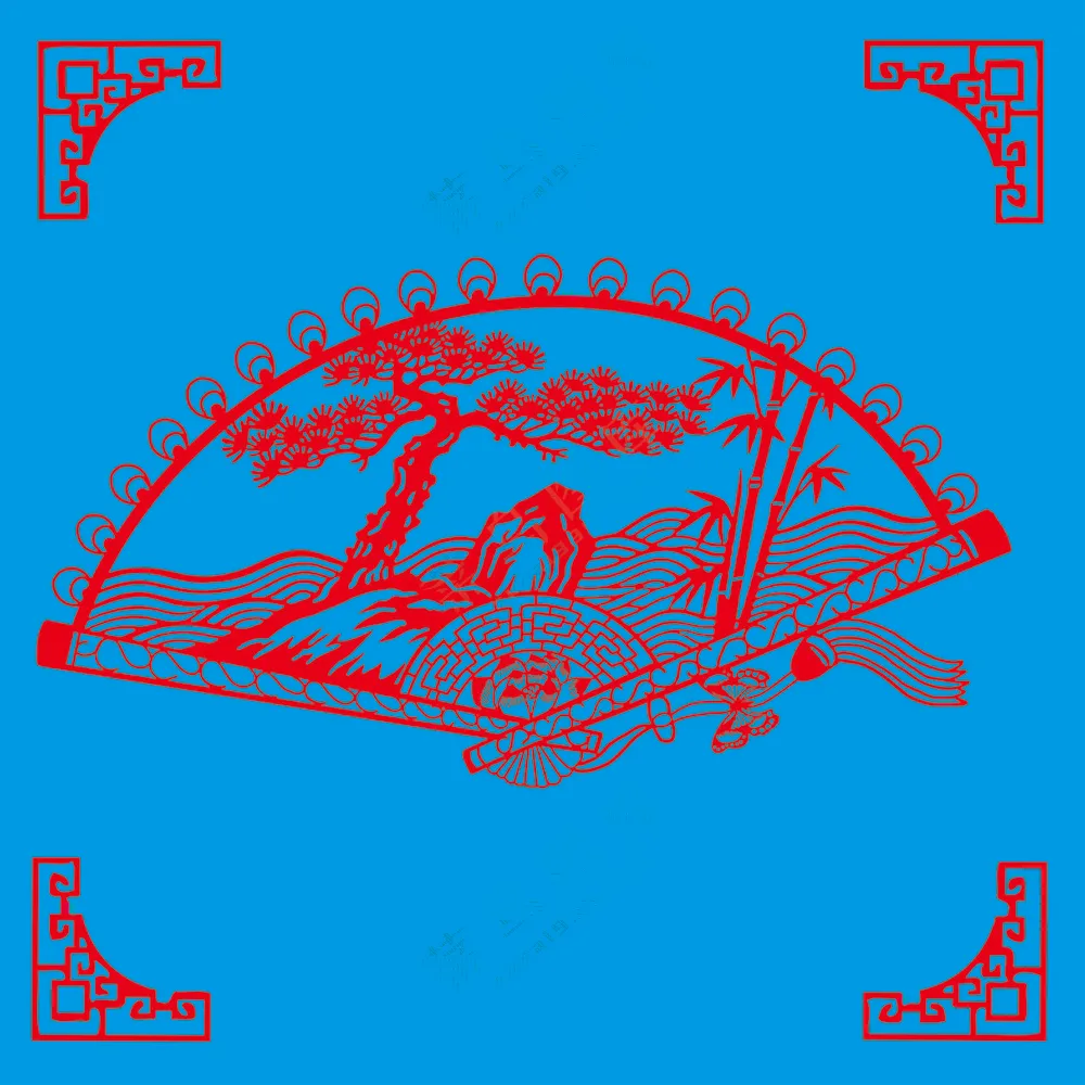 红色传统松竹扇形剪纸