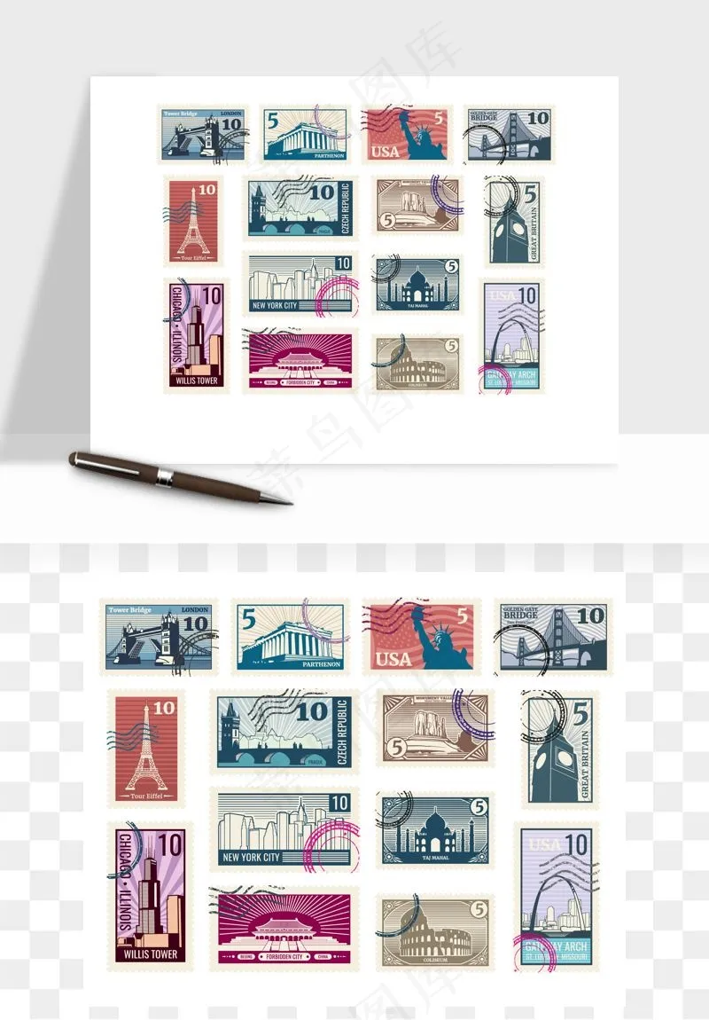 邮票复古手绘矢量