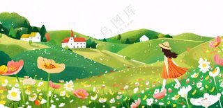 田园山川村庄绿色卡通插画免抠