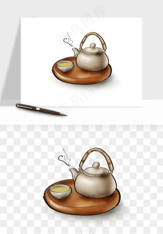 手绘茶壶茶具png免抠