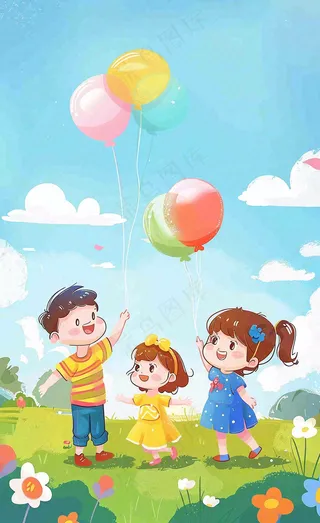 草坪玩耍的儿童气球派对儿童节卡通插画背景