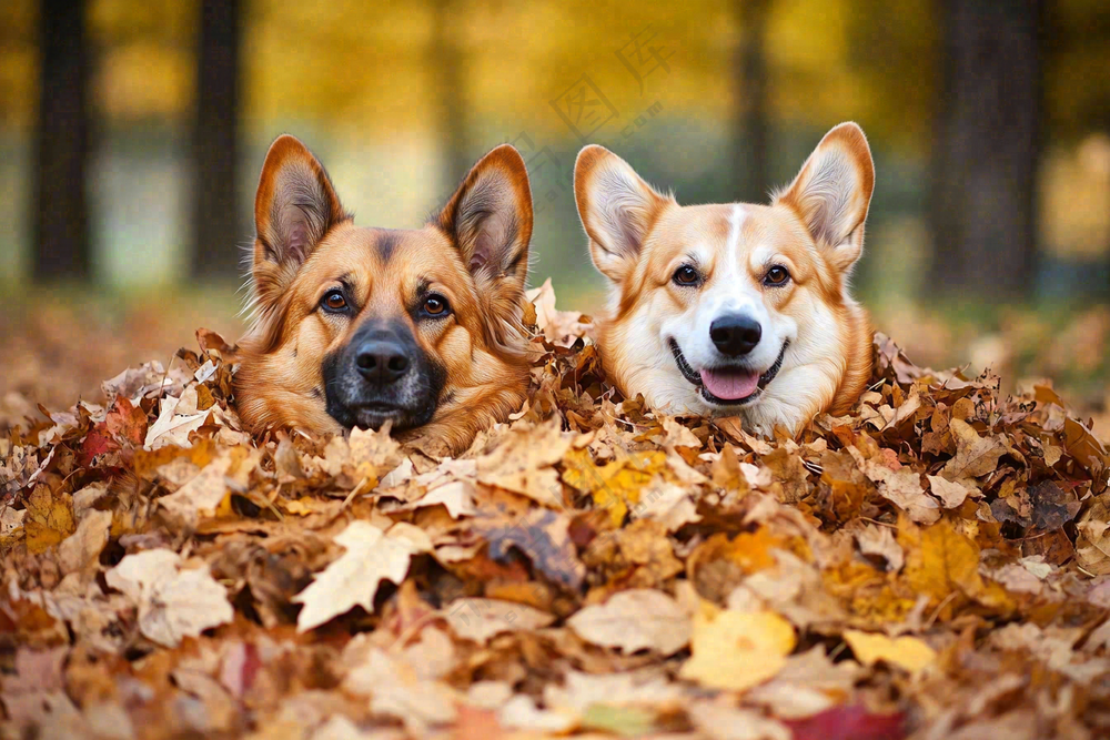秋天公园黄落叶小狗宠物摄影图
