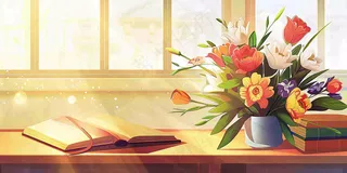 教师节办公桌窗边课本花束温馨唯美插画背景