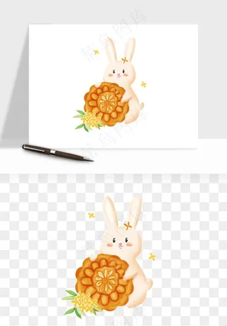 中秋月饼玉兔国潮插画png免抠