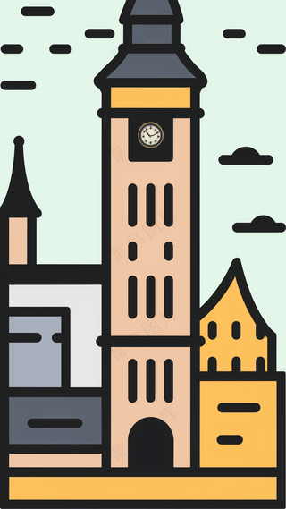 大本钟建筑 抽象粗线条简笔风景画