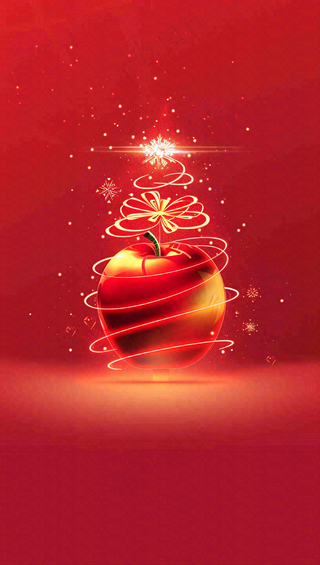 平安夜创意插画红苹果金色圣诞树线条围绕插画背景