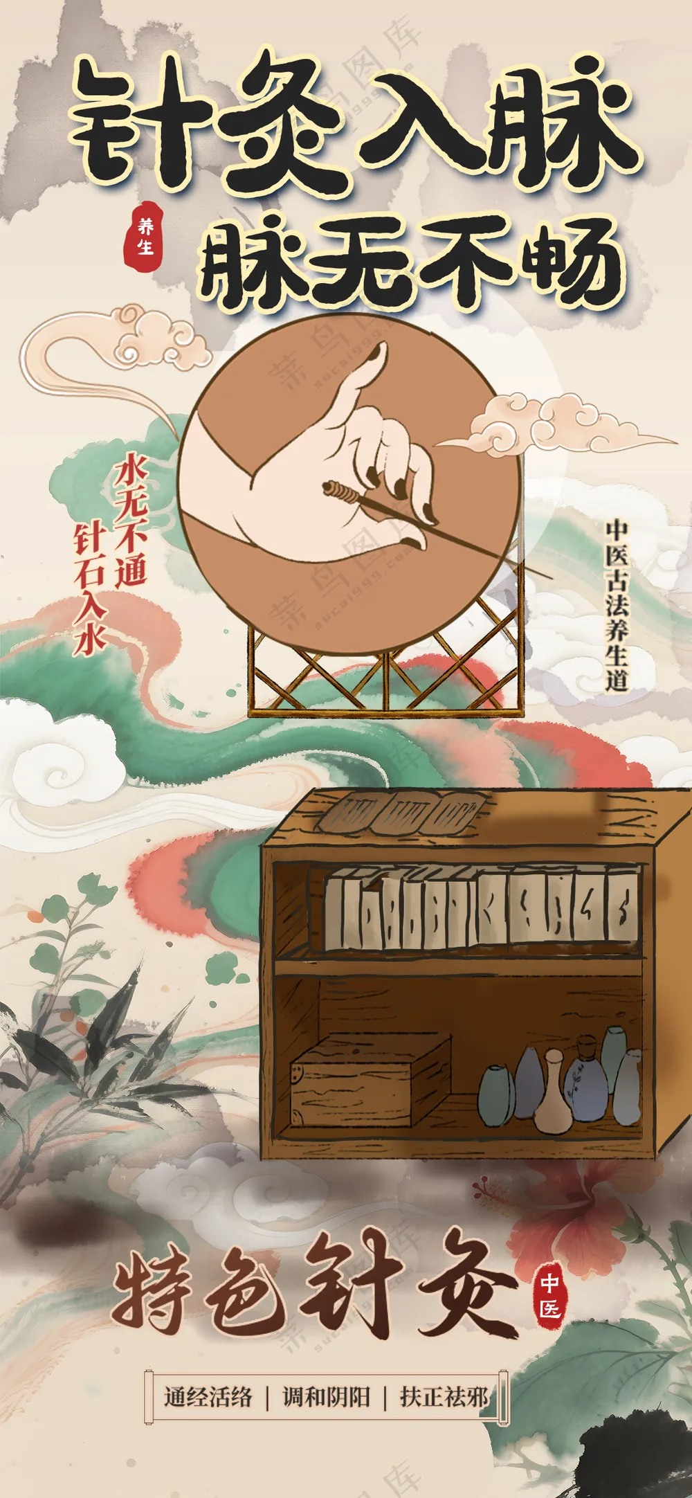 国潮中国风水墨针灸养生宣传海报