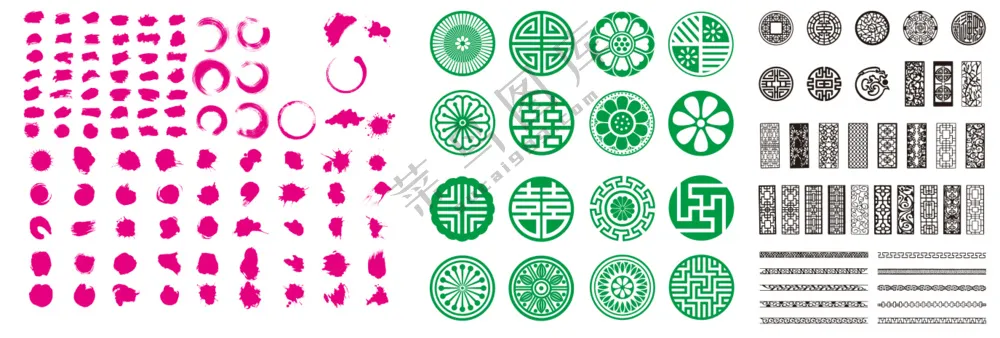 圆形窗花仿古窗花边框水墨墨迹笔刷+仿古风格+纯色系列+雕刻元素背景