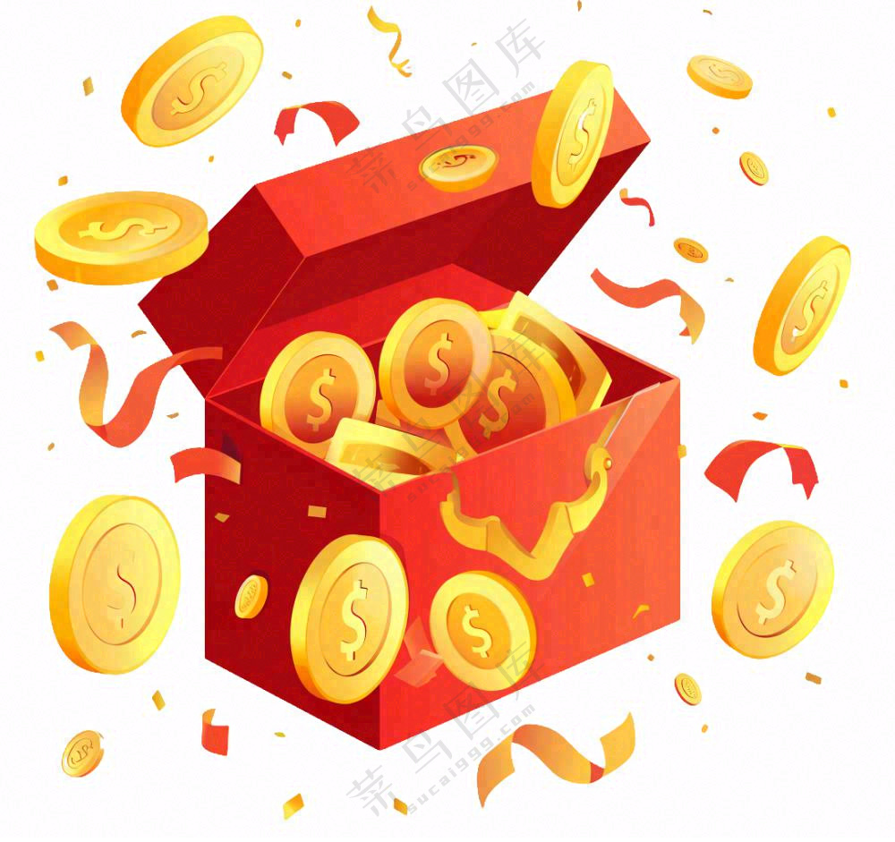 金币财富礼盒钱卡通免抠