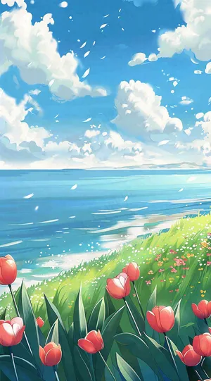 春天海边晴天蓝天白云郁金香春分插画背景