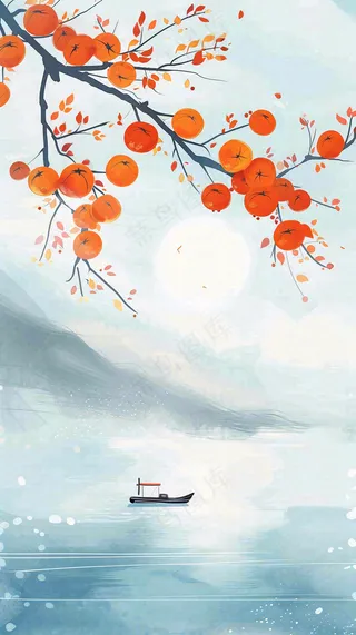 中国风山水画柿子树船只霜降插画背景