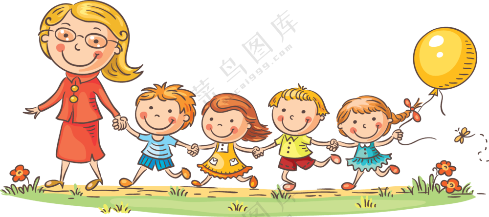 老师带队郊游的小朋友插画免抠图片