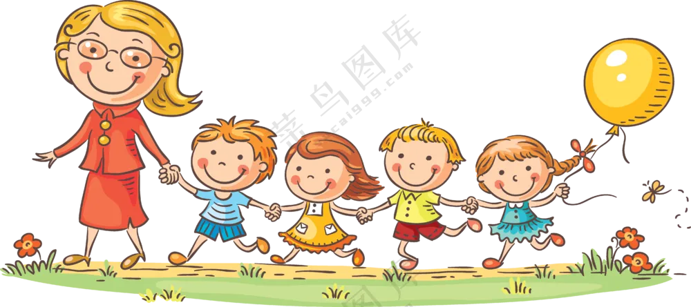 老师带队郊游的小朋友插画免抠图片